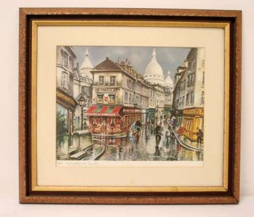 A wonderful framed behind glass vintage Maurice Legendre "Montmatre el le Consulat" print.