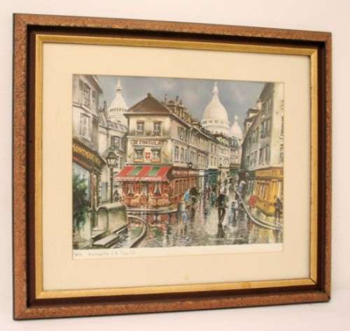 A wonderful framed behind glass vintage Maurice Legendre "Montmatre el le Consulat" print.