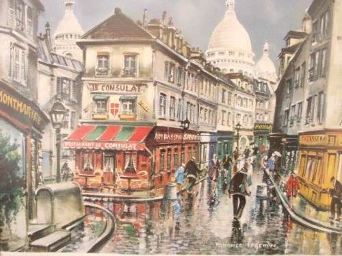 A wonderful framed behind glass vintage Maurice Legendre "Montmatre el le Consulat" print.