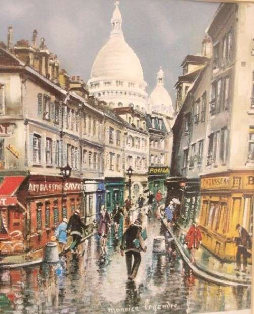 A wonderful framed behind glass vintage Maurice Legendre "Montmatre el le Consulat" print.