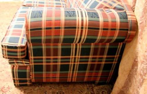 2 top quality (1.87cm long) colourful upholstered sofa couches in excellent condition - price/couch