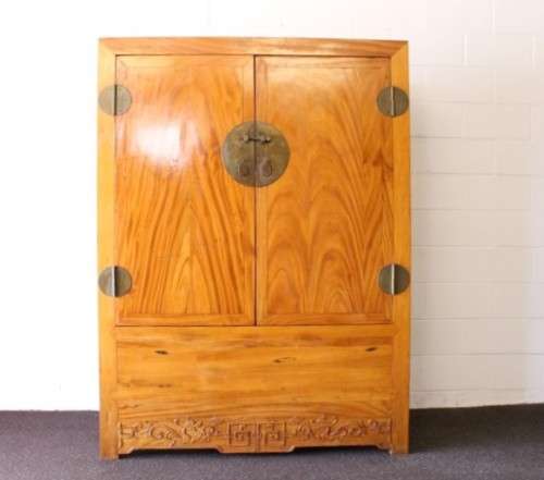 A beautiful & stunningly carved Oriental Elm wood double door cabinet w/ tradition handles & hinges
