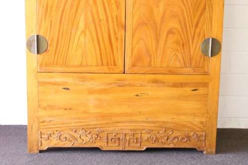 A beautiful & stunningly carved Oriental Elm wood double door cabinet w/ tradition handles & hinges