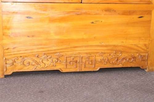 A beautiful & stunningly carved Oriental Elm wood double door cabinet w/ tradition handles & hinges