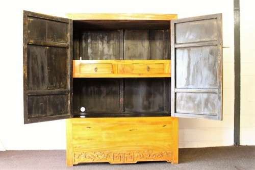 A beautiful & stunningly carved Oriental Elm wood double door cabinet w/ tradition handles & hinges
