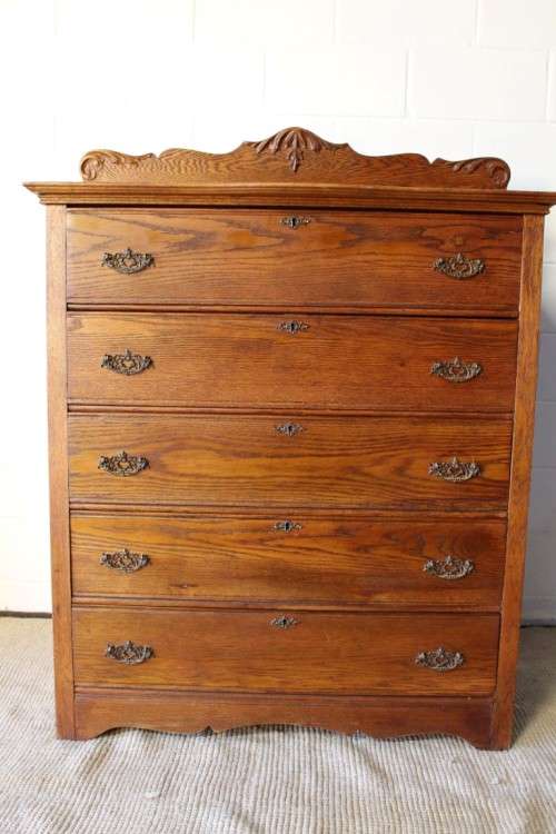 Awesome antique large carved Oak 5-drawer chest of drawers w/ gorgeous period style handles - WOW!!