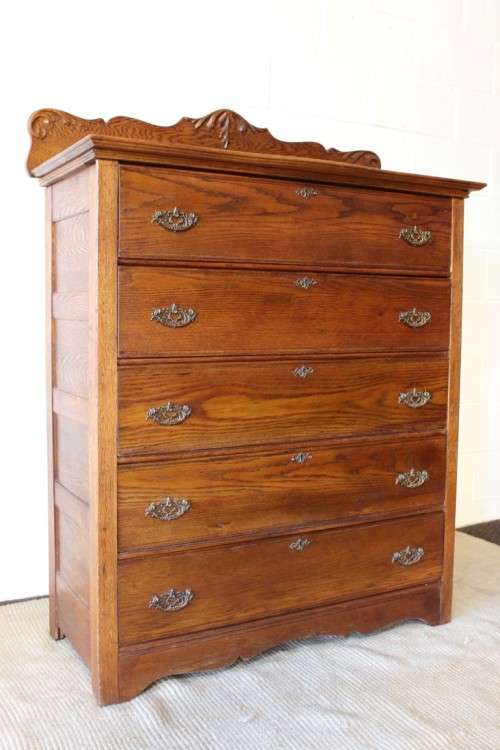 Awesome antique large carved Oak 5-drawer chest of drawers w/ gorgeous period style handles - WOW!!