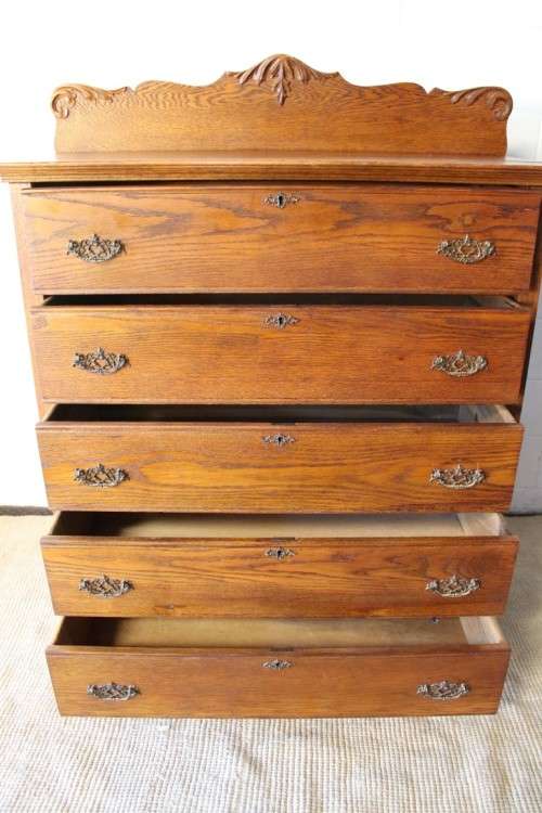 Awesome antique large carved Oak 5-drawer chest of drawers w/ gorgeous period style handles - WOW!!