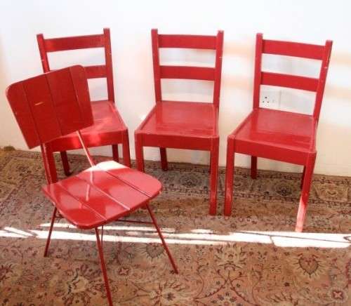 Four painted red wooden occasional chairs, stunning on a patio, porch etc. price/ chair