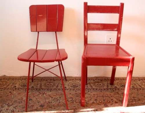Four painted red wooden occasional chairs, stunning on a patio, porch etc. price/ chair