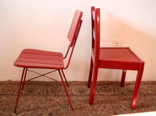 Four painted red wooden occasional chairs, stunning on a patio, porch etc. price/ chair