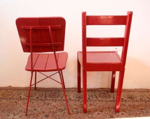 Four painted red wooden occasional chairs, stunning on a patio, porch etc. price/ chair