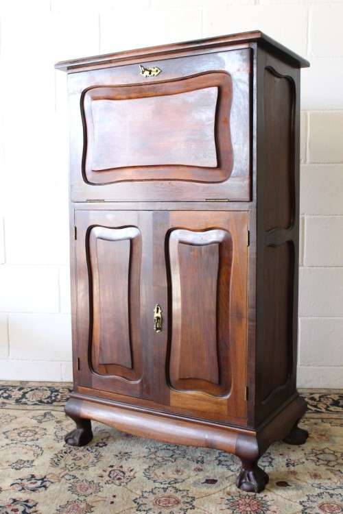 Beautiful Imbuia ball & claw fall-front drinks cabinet w double door bottom cupboard & brass handles