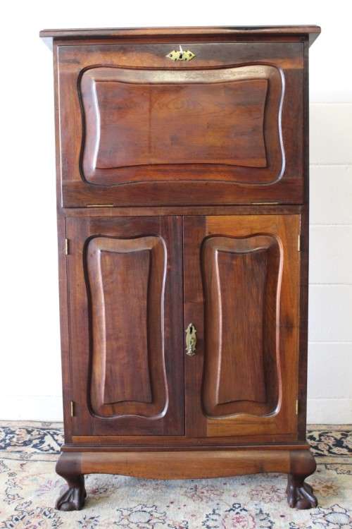 Beautiful Imbuia ball & claw fall-front drinks cabinet w double door bottom cupboard & brass handles