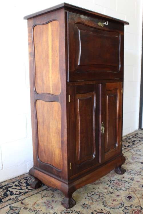 Beautiful Imbuia ball & claw fall-front drinks cabinet w double door bottom cupboard & brass handles