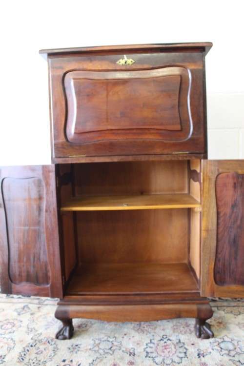 Beautiful Imbuia ball & claw fall-front drinks cabinet w double door bottom cupboard & brass handles