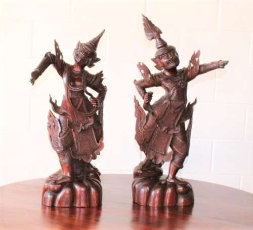 **RS17** Magnificently hand carved pair of tall solid Rosewood Thai Khon dancing figurines