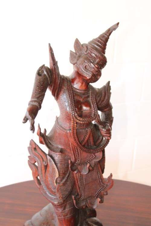 **RS17** Magnificently hand carved pair of tall solid Rosewood Thai Khon dancing figurines