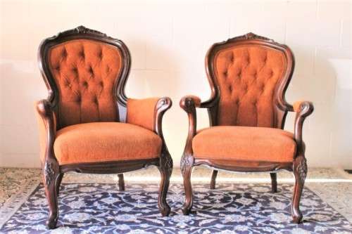 **RS17** Exquisite pair of antique Victorian Walnut deep-button armchairs w/ hand-carved detailing