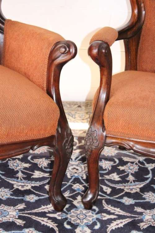 **RS17** Exquisite pair of antique Victorian Walnut deep-button armchairs w/ hand-carved detailing