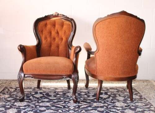 **RS17** Exquisite pair of antique Victorian Walnut deep-button armchairs w/ hand-carved detailing