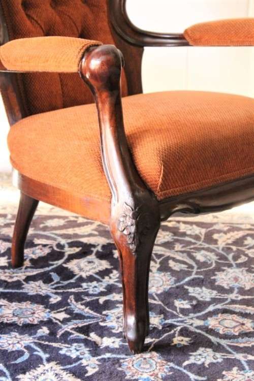 **RS17** Exquisite pair of antique Victorian Walnut deep-button armchairs w/ hand-carved detailing
