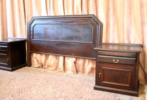 A fabulous Mahogany (168cm) queen size headboard and two pedestals with drawers and cupboards.