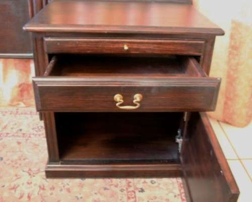 A fabulous Mahogany (168cm) queen size headboard and two pedestals with drawers and cupboards.