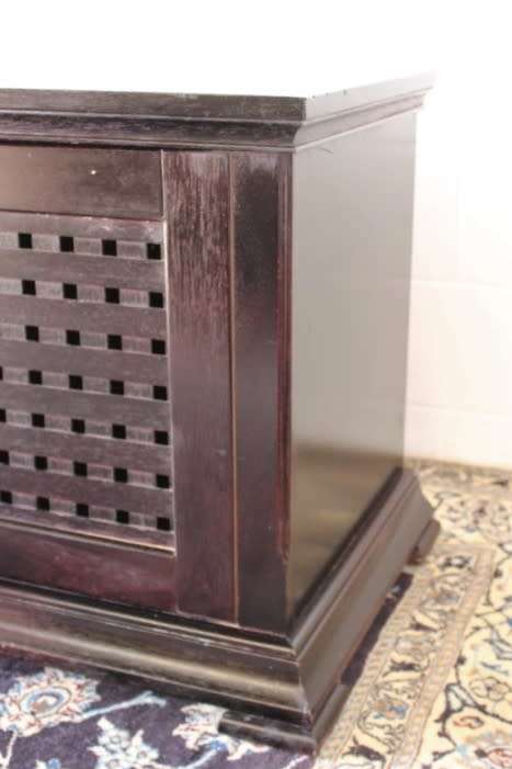 A dark-brown stained 1.7m long double door entertainment/ TV unit with ample space for components