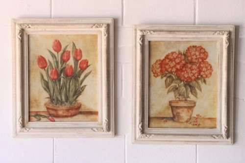 **RS17** A pair of whitewashed framed botanical prints incl red tulips and red & white hydrangea