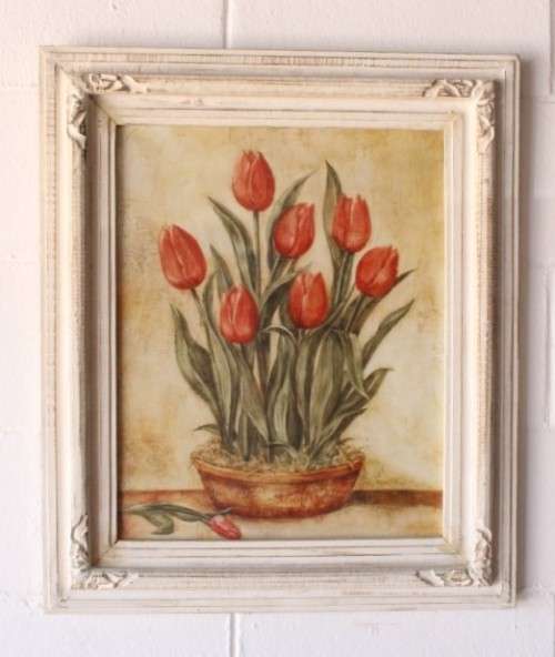 **RS17** A pair of whitewashed framed botanical prints incl red tulips and red & white hydrangea