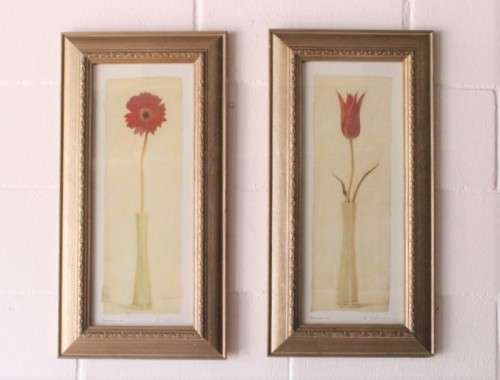 **RS17** A pair of framed (behind glass) single stem flowers in vases incl a tulip & a red daisy