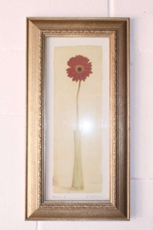 **RS17** A pair of framed (behind glass) single stem flowers in vases incl a tulip & a red daisy