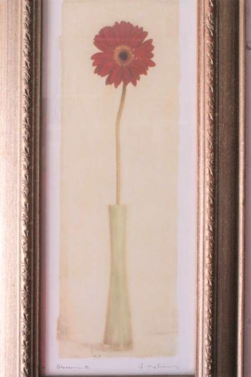 **RS17** A pair of framed (behind glass) single stem flowers in vases incl a tulip & a red daisy