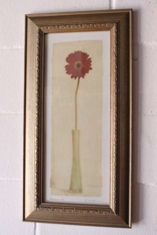 **RS17** A pair of framed (behind glass) single stem flowers in vases incl a tulip & a red daisy