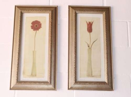 **RS17** A pair of framed (behind glass) single stem flowers in vases incl a tulip & a red daisy