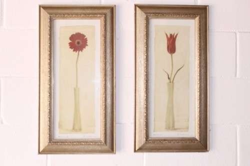**RS17** A pair of framed (behind glass) single stem flowers in vases incl a tulip & a red daisy