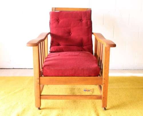 **RS17** Wonderful vintage solid oak Morris chair on castors w/ upholstered cushions in red fabric