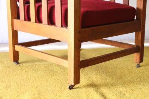 **RS17** Wonderful vintage solid oak Morris chair on castors w/ upholstered cushions in red fabric