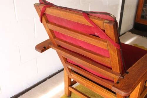 **RS17** Wonderful vintage solid oak Morris chair on castors w/ upholstered cushions in red fabric