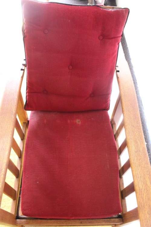 **RS17** Wonderful vintage solid oak Morris chair on castors w/ upholstered cushions in red fabric