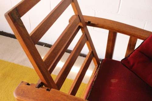 **RS17** Wonderful vintage solid oak Morris chair on castors w/ upholstered cushions in red fabric