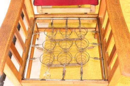 **RS17** Wonderful vintage solid oak Morris chair on castors w/ upholstered cushions in red fabric