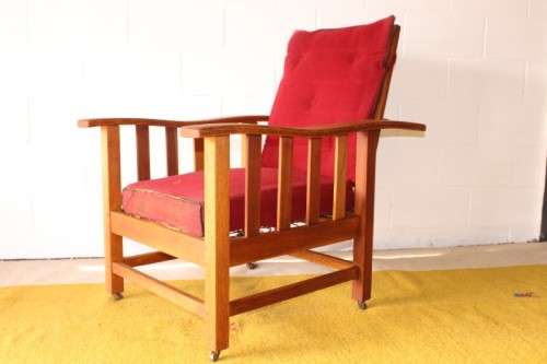 **RS17** Wonderful vintage solid oak Morris chair on castors w/ upholstered cushions in red fabric