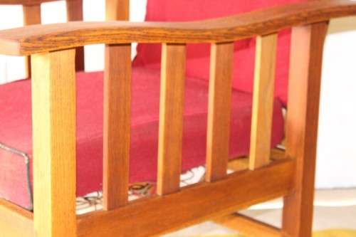 **RS17** Wonderful vintage solid oak Morris chair on castors w/ upholstered cushions in red fabric