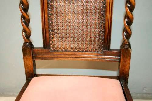 **RS17** A lovely Victorian solid oak hand carved chair w/ barley-twist uprights & cane bergere back