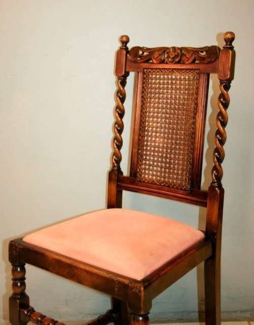 **RS17** A lovely Victorian solid oak hand carved chair w/ barley-twist uprights & cane bergere back
