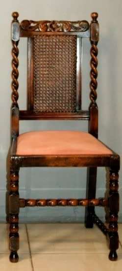 **RS17** A lovely Victorian solid oak hand carved chair w/ barley-twist uprights & cane bergere back