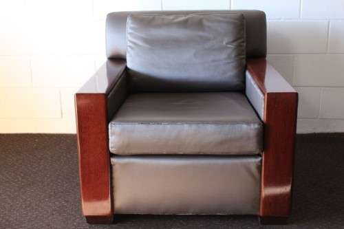 **RS17** Mid-century style Scandinavian club chair w/ mahogany armrests in brown leather-feel fabric