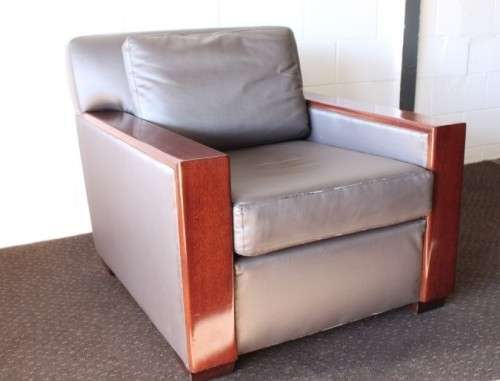 **RS17** Mid-century style Scandinavian club chair w/ mahogany armrests in brown leather-feel fabric
